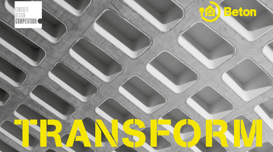 Grafik für den Concrete Design Wettbewerb mit großem gelbem Schriftzug TRANSFORM