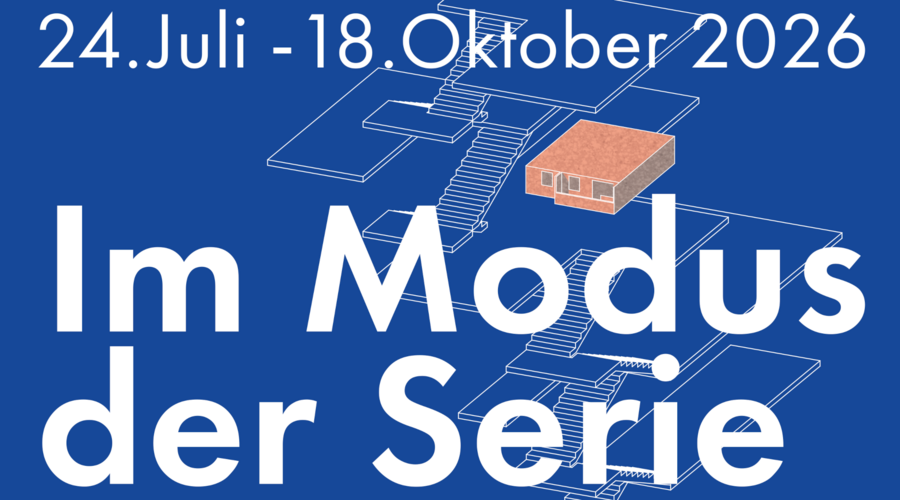 Plakat zur Ausstellung „Im Modus der Serie“ mit Illustration stapelbarer Bauelem